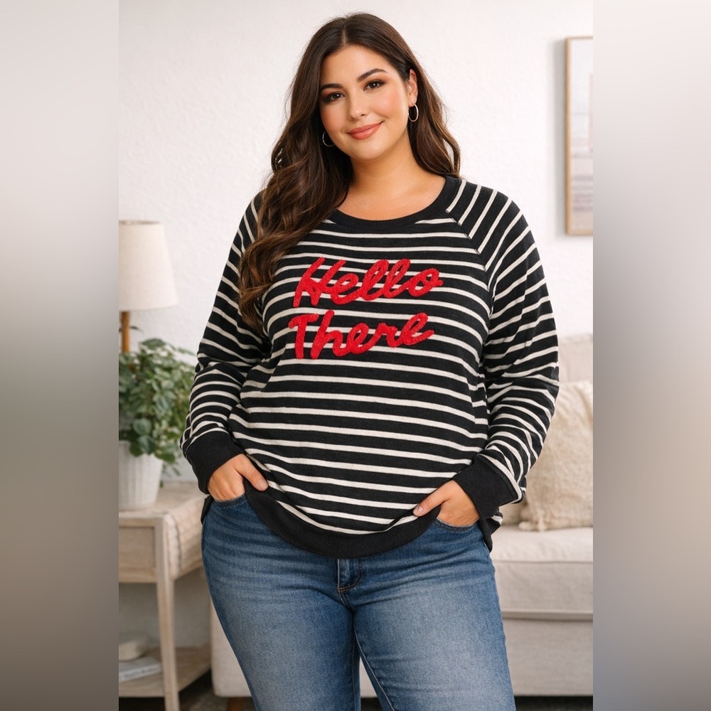 🖤 Old Navy “Hello There” Dark Grey & White Striped Sweatshirt Vintage Crew XL